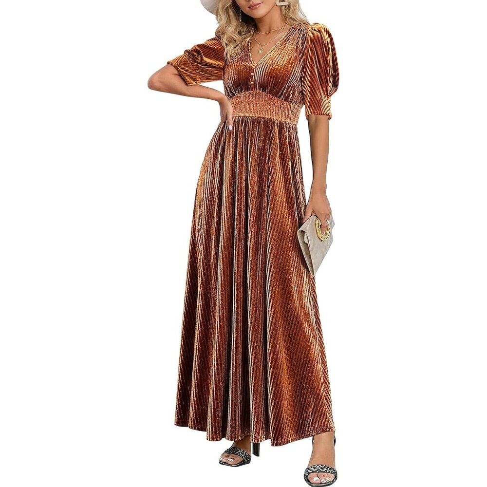 Exquisite Brown Velvet Maxi Dress - V-Neck, Puff Sleeves & Empire Waist, Size L